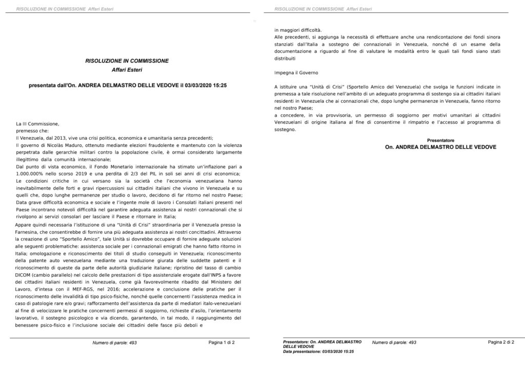 Resolución presentada por el diputado Andrea Delmastro ante el Parlamento italiano para beneficiar a ciudadanos venezolanos e italo-venezolanos en esa nación