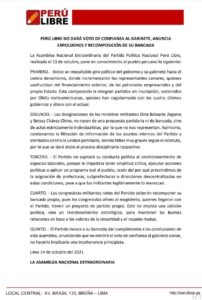 Comunicado del partido Perú Libre.