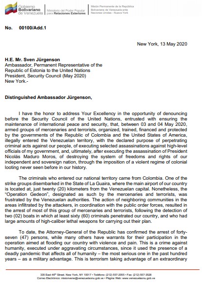 Carta de denuncia de la administración de Nicolás Maduro contra EEUU y Colombia por incursión marítima a Venezuela