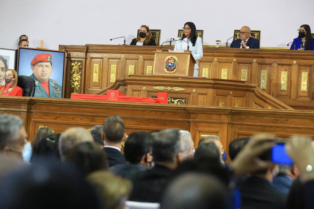 Delcy Rodrígurez durante la presentación de su Memoria y Cuenta del año 2021 en la Asamblea Nacional (AN) electa en 2020. 22 de marzo de 2022. Foto: Twitter @ViceVenezuela