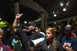 Migrantes venezolanos y de otras nacionalidades protestan en la ciudad mexicana de Tapachula. Foto: ISAAC GUZMAN / AFP