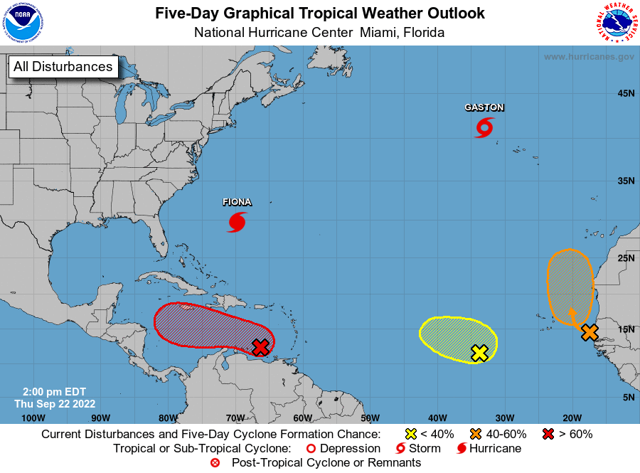 Pronóstico del NHC de este jueves 22 de septiembre. Foto: Twitter NHC (@NHC_Atlantic).
