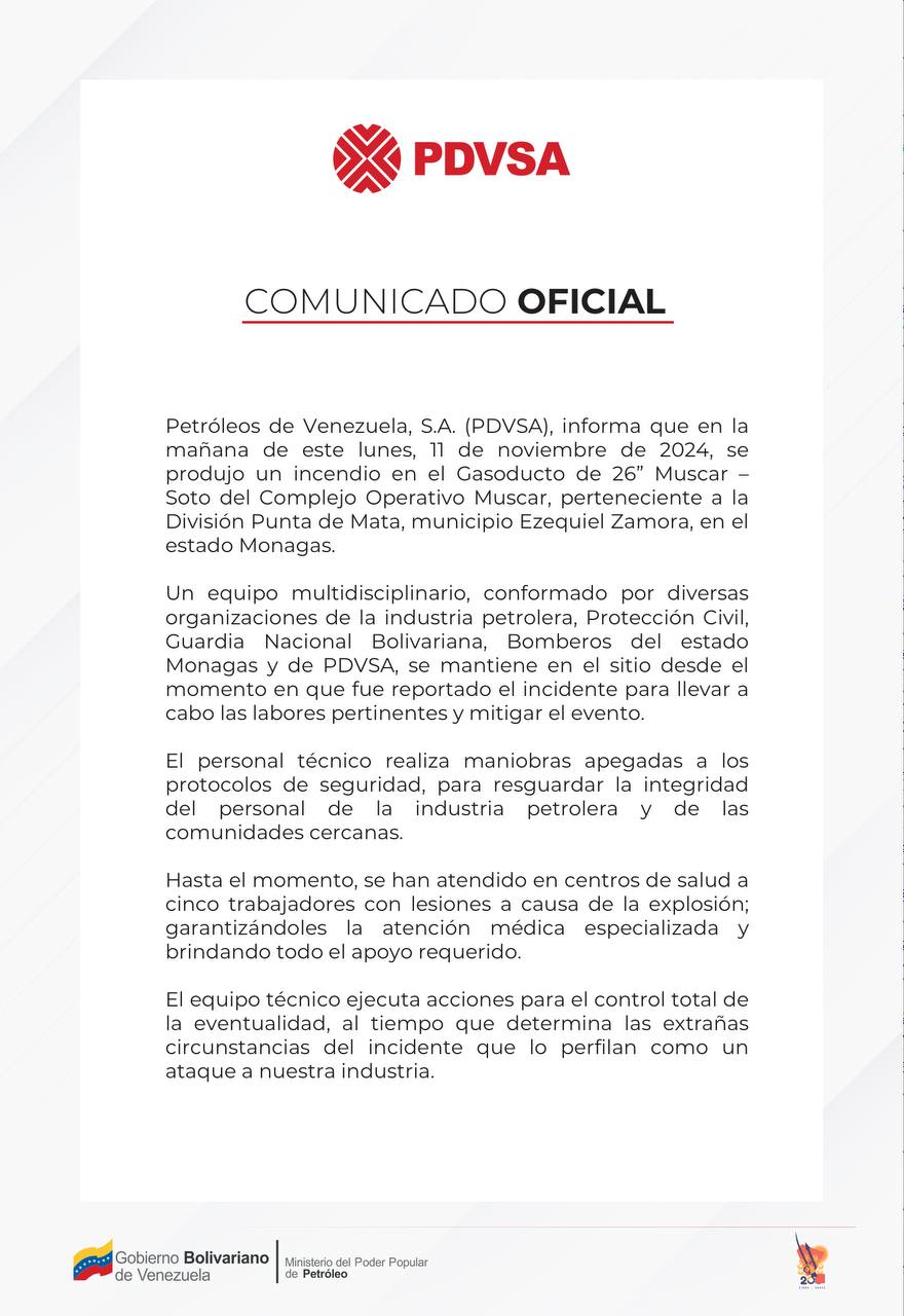 Comunicado de Pdvsa respecto a explosión en gasoducto